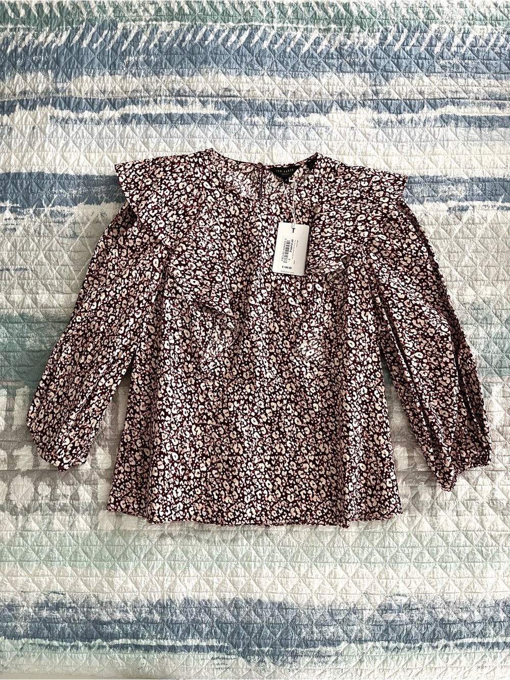 NWT Ted Baker Pink, Red, Tan, & White Ruffle Yoke Blouse 10114